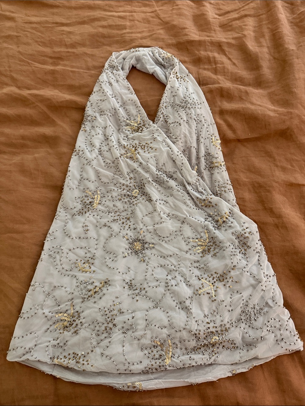 Zara Gray Halter Tank Top with Gold & Silver Sequin Embellishment